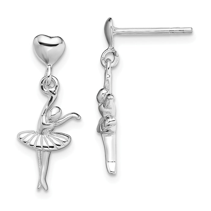 925 Sterling Silver Rhodium-plated Ballerina Dangle Post Earrings, 21.4mm x 7.4mm