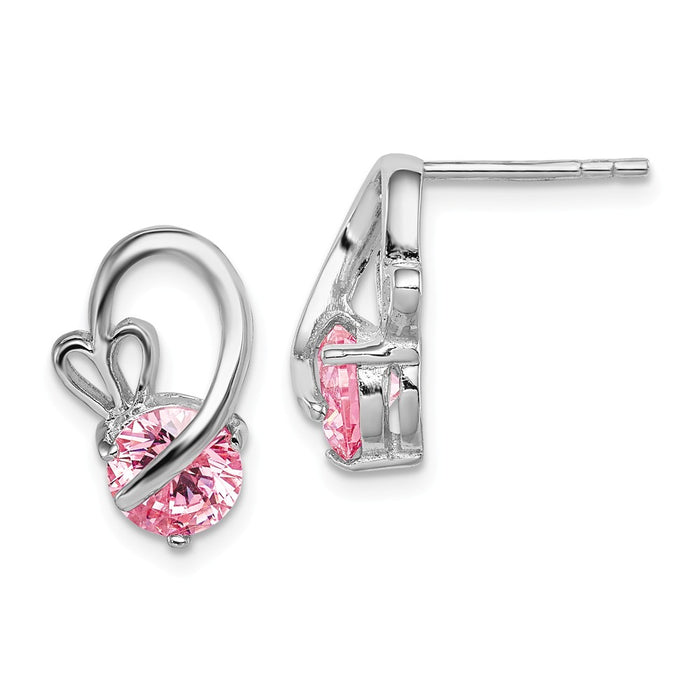925 Sterling Silver Rhodium-plated Pink Cubic Zirconia ( CZ ) Heart Post Earrings, 14.5mm x 9.1mm