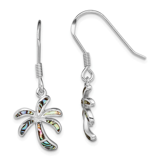 925 Sterling Silver Rhodium-plated Abalone Palm Tree Earrings, 34.9mm x 13mm