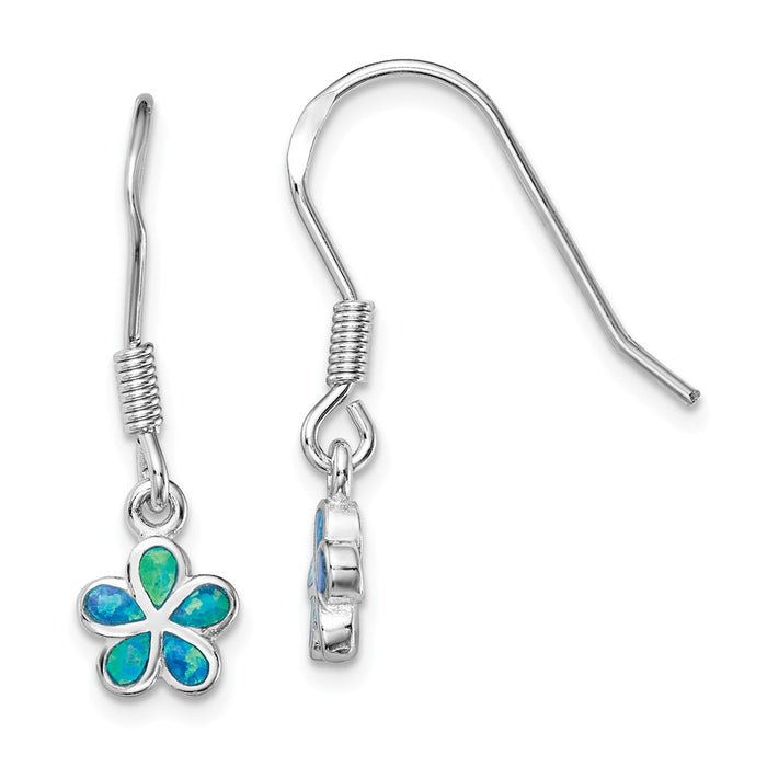 925 Sterling Silver Rhodium-plated Blue Created Opal Flower Earrings, 25.8mm x 7.6mm