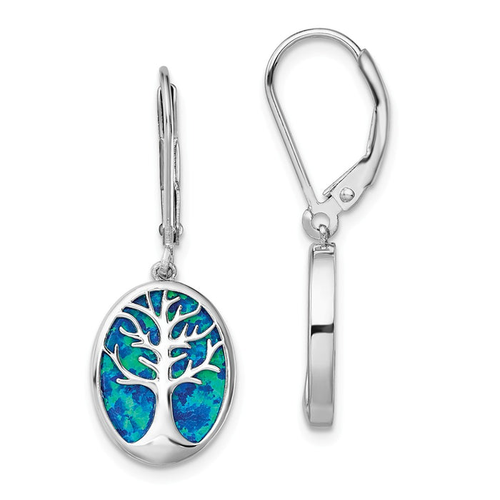 925 Sterling Silver Rhodium-plated Created Opal Tree of Life Leverback Earrings, 30.9mm x 11.4mm