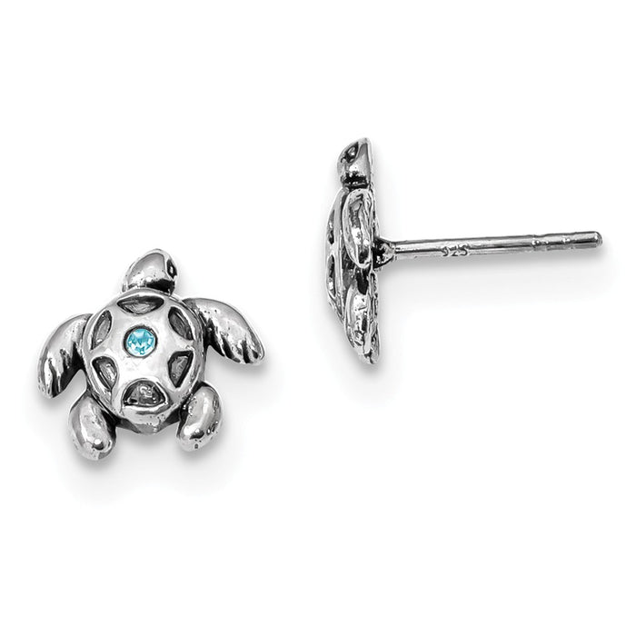 925 Sterling Silver Antiqued Aqua Crystal Turtle Post Earrings, 10.3mm x 10.7mm