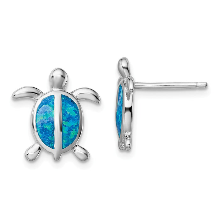 925 Sterling Silver Rhodium-plated Blue Created Opal Turtle Post Earrings, 13.8mm x 13.3mm