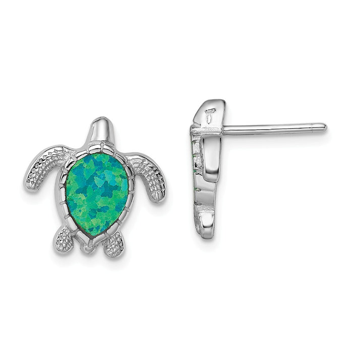 925 Sterling Silver Rhodium-plated Green Created Opal Turtle Post Earrings, 14.3mm x 14.5mm