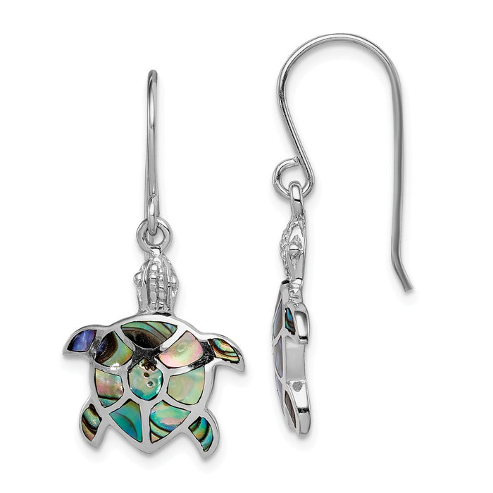 925 Sterling Silver Rhodium-plated Polished Abalone Turtle Dangle Earrings, 30.8mm x 15.1mm