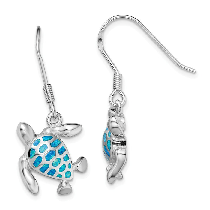 925 Sterling Silver Rhodium-plated Blue Created Opal Turtle Earrings, 32.5mm x 17.5mm