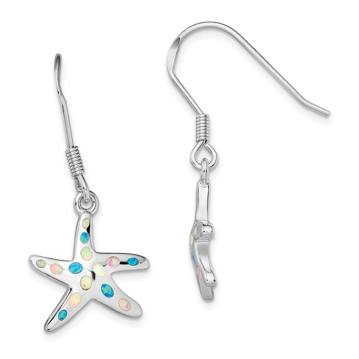 925 Sterling Silver Rhodium-plated Pink/Blue Created Opal Starfish Earrings, 35.3mm x 15.2mm