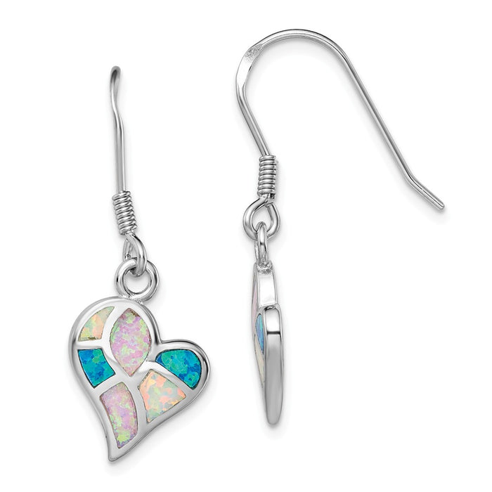 925 Sterling Silver Rhodium White/Pink/Blue Created Opal Heart Earrings, 33mm x 12.7mm