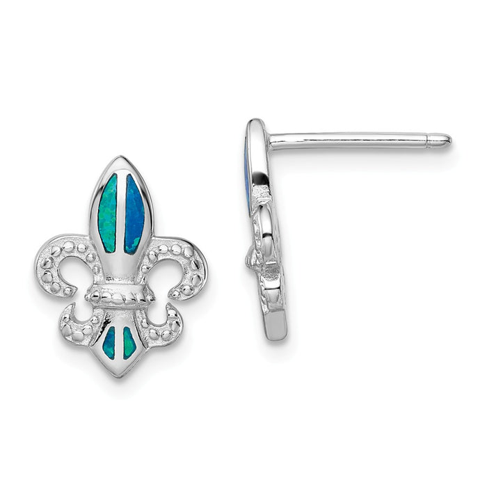 925 Sterling Silver Rhodium-plated Blue Created Opal Fleur De Lis Earrings, 13.4mm x 10.4mm