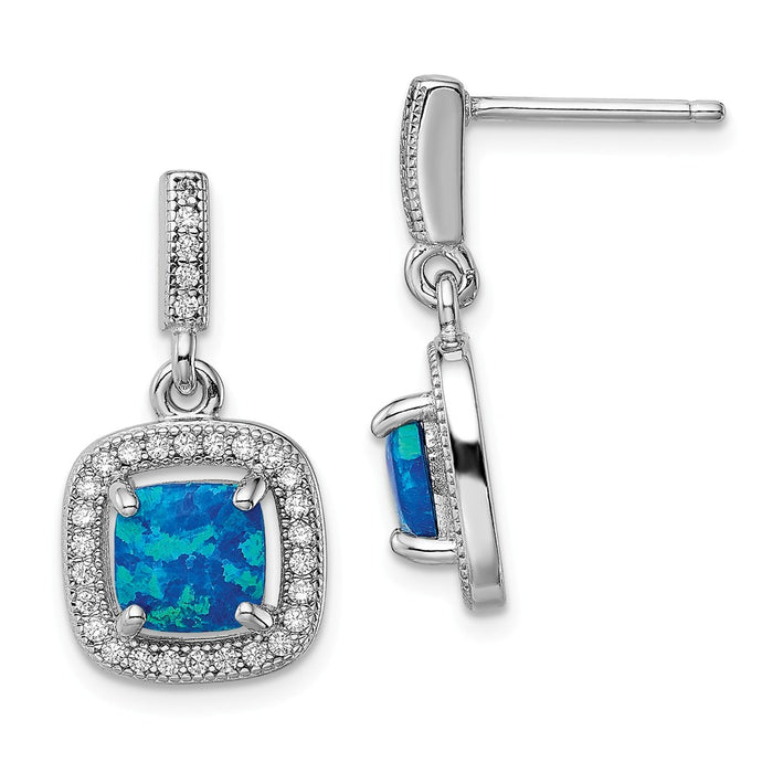 925 Sterling Silver Rhodium-plated Blue Created Opal Cubic Zirconia ( CZ ) Post Earrings, 22.2mm x 11.7mm