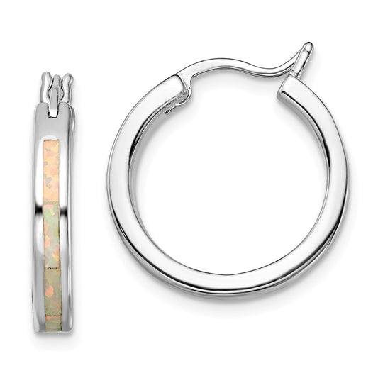 925 Sterling Silver Rhodium-plated White Created Opal Hoop Earrings, 21.6mm x 3.3mm