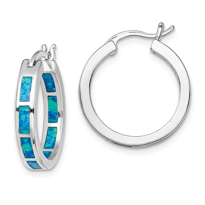 925 Sterling Silver Rhodium-plated Blue Created Opal In & Out Hoops, 20mm x 3.4mm