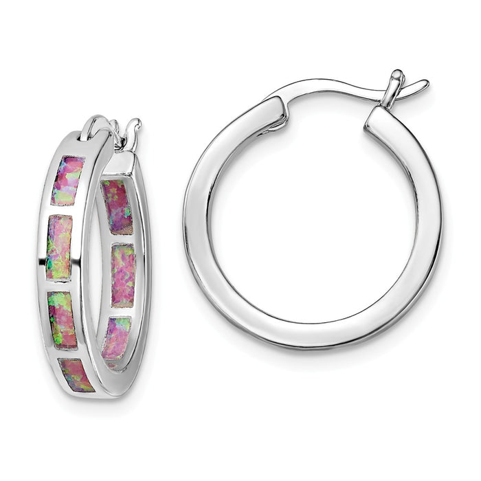 925 Sterling Silver Rhodium-plated Pink Created Opal In & Out Hoops, 20mm x 3.4mm