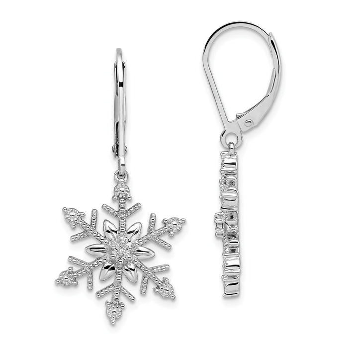 925 Sterling Silver Rhodium Diamond  Snowflake Leverback Earrings, 33.8mm x 16mm