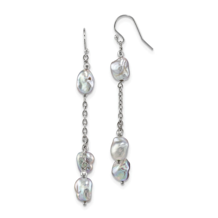 925 Sterling Silver Rhodium-plated 8-9mm Grey Baroque Freshwater Cultured Pearl Earrings, 72mm x 7mm