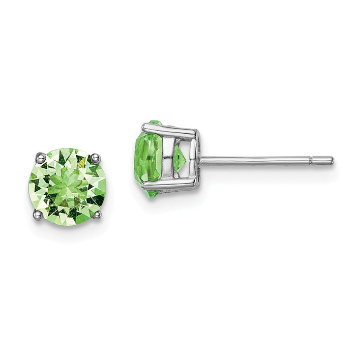 925 Sterling Silver Rhodium-plated Light Green Swarovski Crystal Birthstone Earrings, 6.25mm x 6.25mm