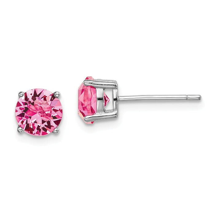 925 Sterling Silver Rhodium-plated Pink Swarovski Crystal Birthstone Earrings, 6.25mm x 6.25mm