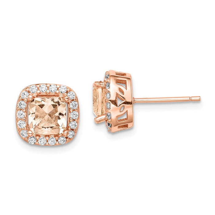 925 Sterling Silver Rose-tone Square Peach Cubic Zirconia ( CZ ) Halo Post Earrings, 9.9mm x 9.8mm