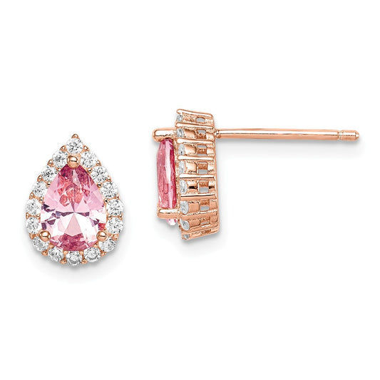 925 Sterling Silver Rose-tone Pink Crystal Pear & Cubic Zirconia ( CZ ) Post Teardrop Earrings, 10.25mm x 7.55mm