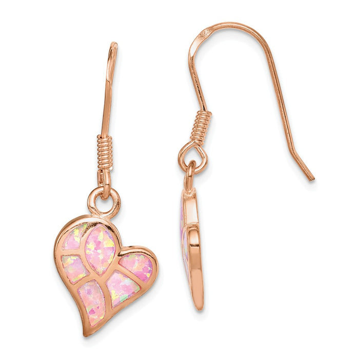 925 Sterling Silver Rose-tone Created Opal Inlay Heart Dangle Earrings, 34mm x 12.7mm