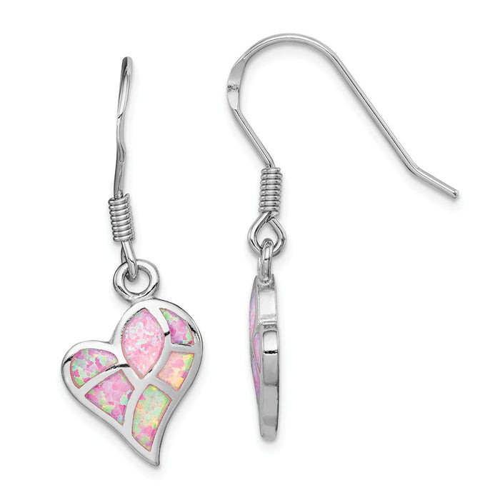 925 Sterling Silver Rhodium-plated Created Pink Opal Inlay Heart Dangle Earring, 34mm x 12.7mm