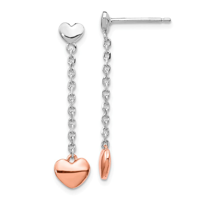 925 Sterling Silver Rhodium-plated & Rose gold-plated Heart Post Earrings, 20mm x 5mm