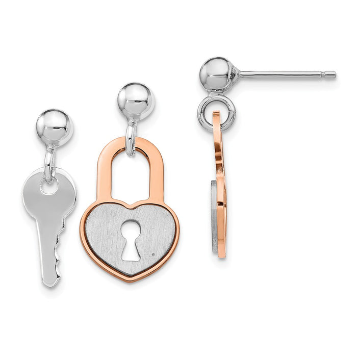 925 Sterling Silver Rhodium-plated Rose gold-plated Lock & Key Post Earrings, 14mm x 10.25mm