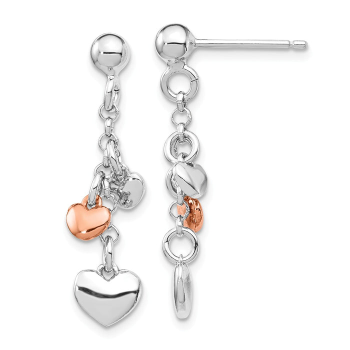 925 Sterling Silver Rhodium-plated & Rose gold-plated Heart Dangle Post Earring, 4.2mm x 5.5mm