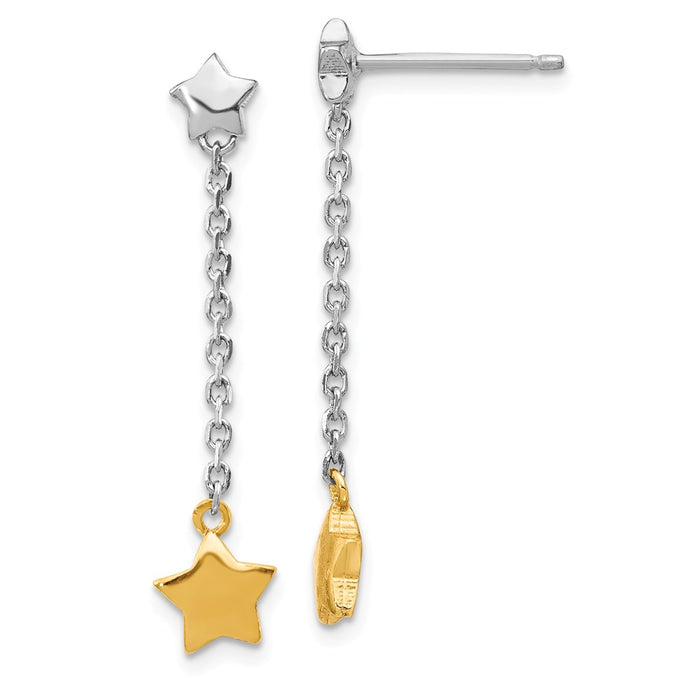 925 Sterling Silver Rhodium-plated & Gold-plated Star Dangle Post Earrings, 28mm x 4.95mm