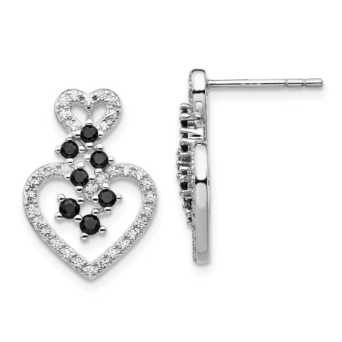 925 Sterling Silver Rhodium-plated Cubic Zirconia ( CZ ) & Spinel 2-Heart Post Earrings, 16.6mm x 11.5mm