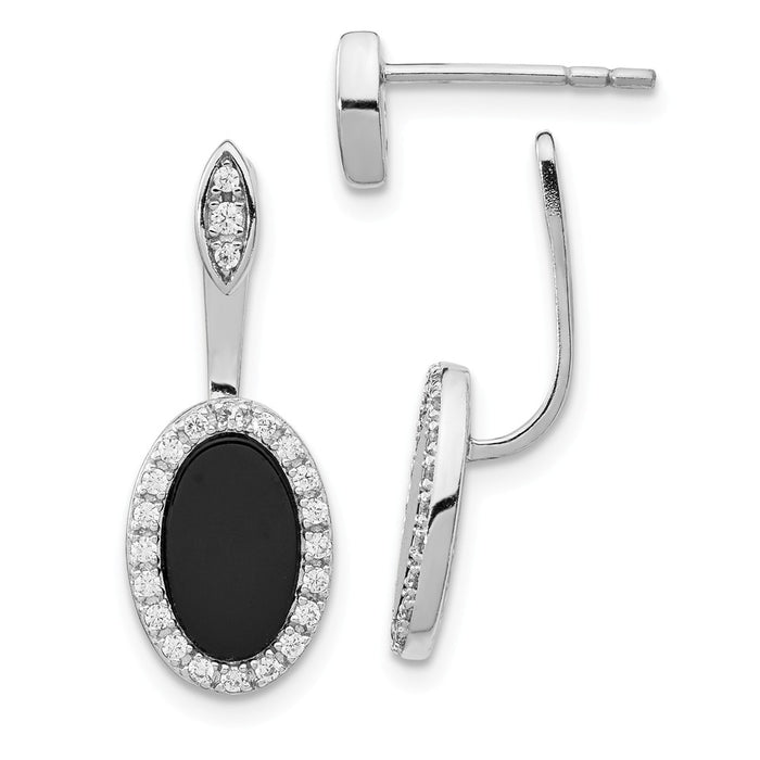 925 Sterling Silver Rhodium-plated Oval Black Agate Jackets & Cubic Zirconia ( CZ ) Post Earrings, 20.03mm x 8.05mm