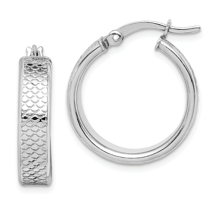 925 Sterling Silver Rhodium-plated Textured Polished Hoop Earrings, 21.85mm x 20.3mm