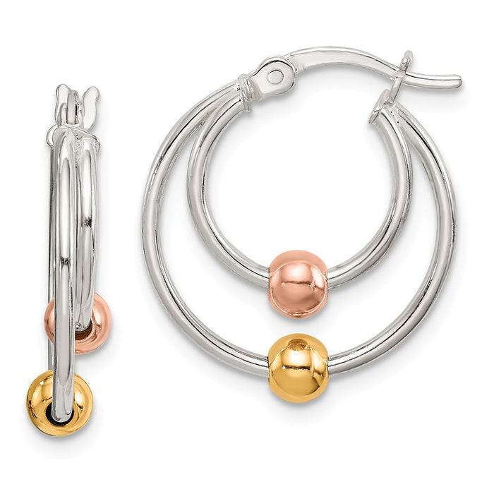 925 Sterling Silver & Rose & Gold Tone Bead Hoop Earrings, 19.5mm x 18.2mm