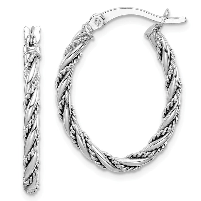 925 Sterling Silver Rhodium-plated Twisted Hoop Earrings, 25.5mm x 18.5mm