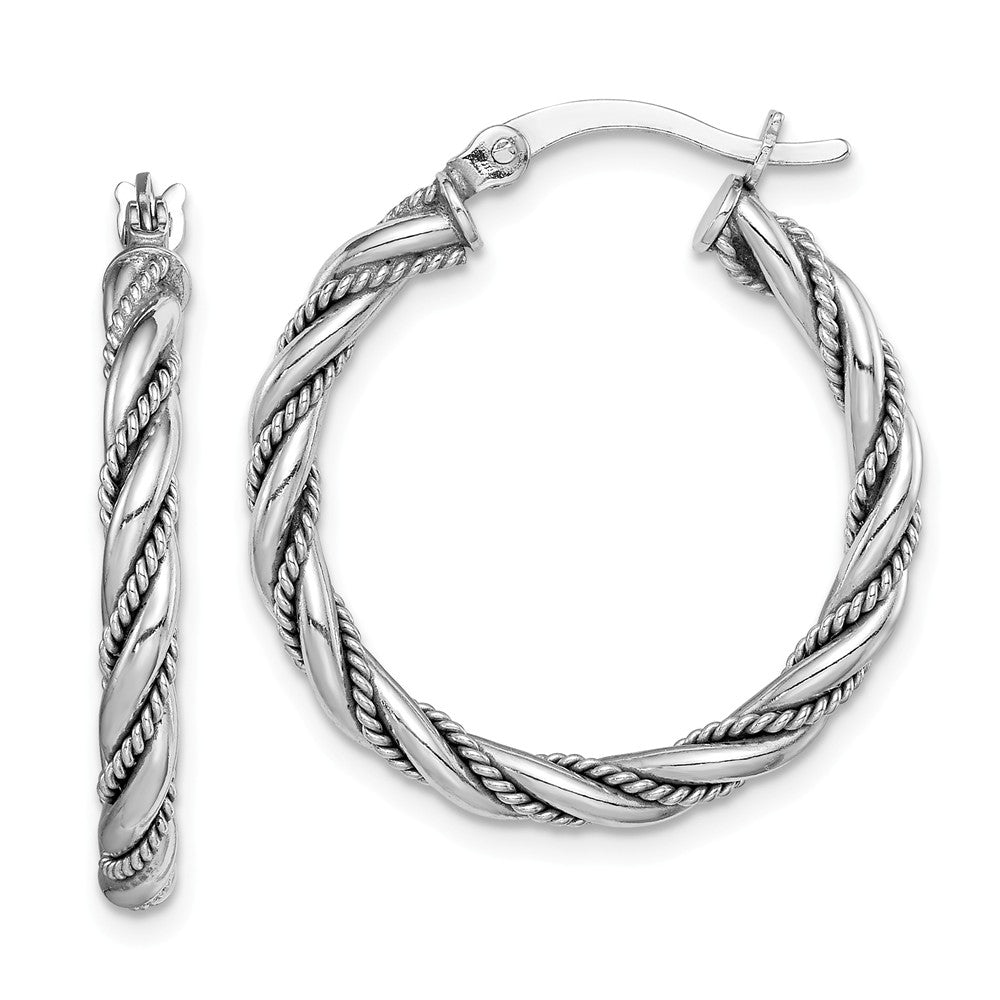 925 Sterling Silver Rhodium-plated Twisted & Textured Hoop Earrings, 27mm x 25mm