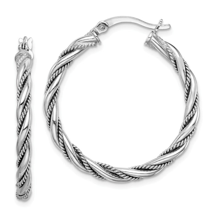 925 Sterling Silver Rhodium-plated Twisted & Textured Hoop Earrings, 31.75mm x 29.75mm