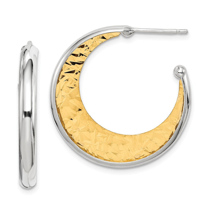 925 Sterling Silver Rhodium-Plated plated & Textured Gold-plated 28x3.5 Hoop Post Earrings, 28.25mm x 28mm