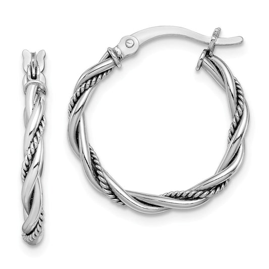 925 Sterling Silver Rhodium-plated Antiqued Twisted Hoop Earrings, 21.75mm x 20.7mm