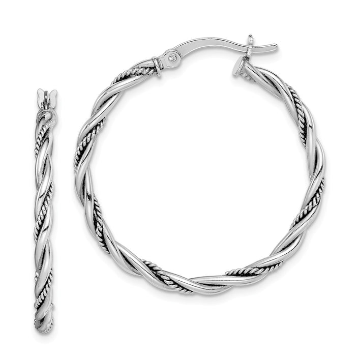 925 Sterling Silver Rhodium-plated Antiqued Twisted Hoop Earrings, 32mm x 31mm