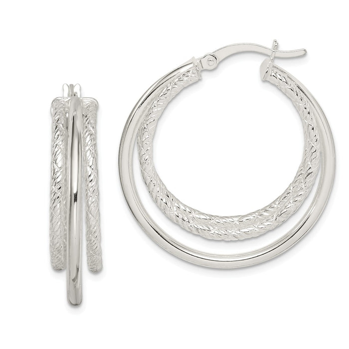925 Sterling Silver Textured and Polished Hoop Earrings, 32mm x 29.9mm