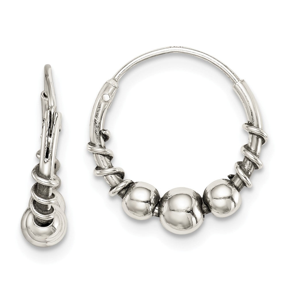 925 Sterling Silver Antiqued Beaded Hoop Earrings, 15.2mm x 14.86mm