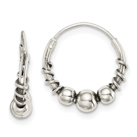 925 Sterling Silver Antiqued Beaded Hoop Earrings, 15.2mm x 14.86mm