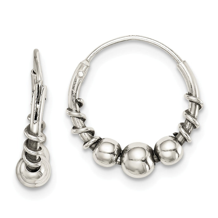 925 Sterling Silver Antiqued Beaded Hoop Earrings, 15.2mm x 14.86mm