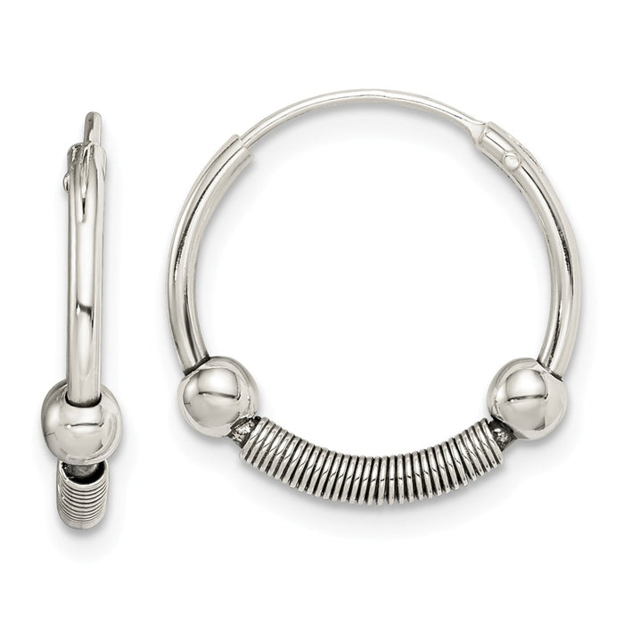 925 Sterling Silver Antiqued Beaded Hoop Earrings, 16.3mm x 16.2mm