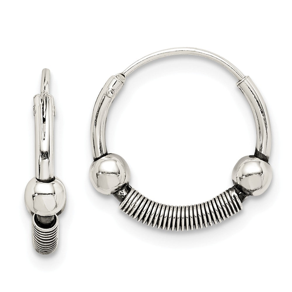 925 Sterling Silver Antiqued Beaded Hoop Earrings, 13.77mm x 13.81mm