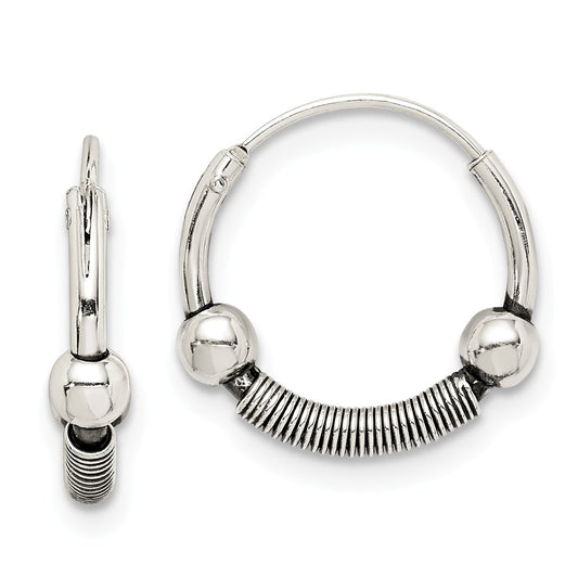 925 Sterling Silver Antiqued Beaded Hoop Earrings, 13.77mm x 13.81mm