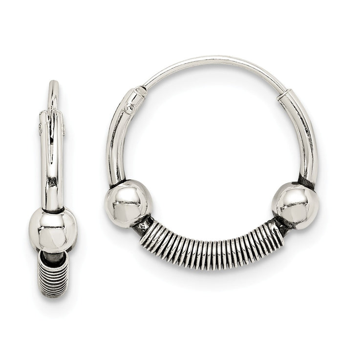 925 Sterling Silver Antiqued Beaded Hoop Earrings, 13.77mm x 13.81mm