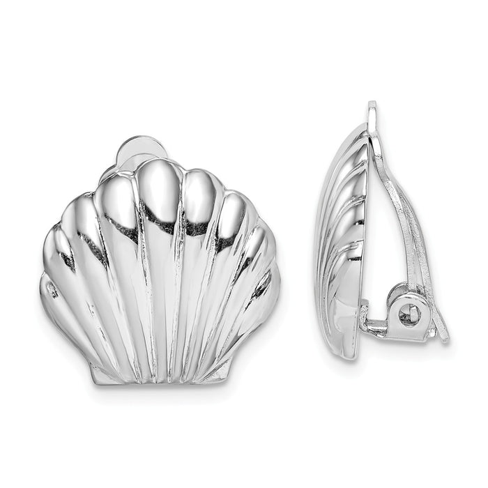 925 Sterling Silver Rhodium-plated Polished Shell Clip On Earrings, 17.9mm x 17.05mm