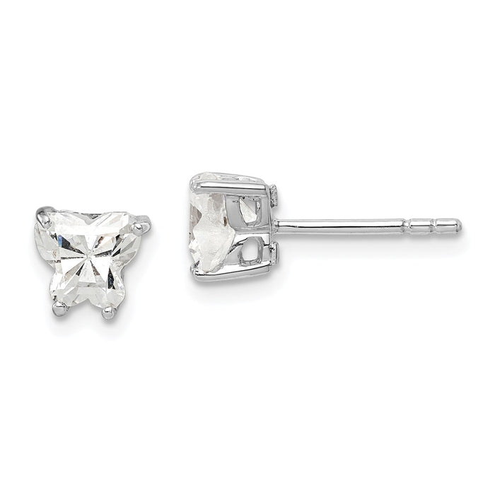 925 Sterling Silver Rhodium-plated Cubic Zirconia ( CZ ) Butterfly Post Earrings, 6.28mm x 6.8mm