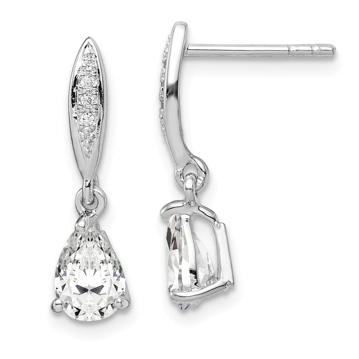925 Sterling Silver Rhodium-plated 7x5 Pear Cubic Zirconia ( CZ ) Post Dangle Earrings, 20mm x 5.72mm